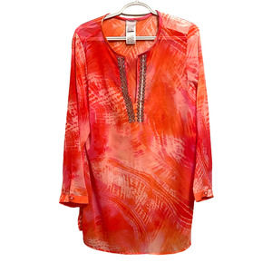 Chicos Sheer‎ Tunic Top Coral Pink Shirt Cover Up Beaded V Neck Long Sleeve 12